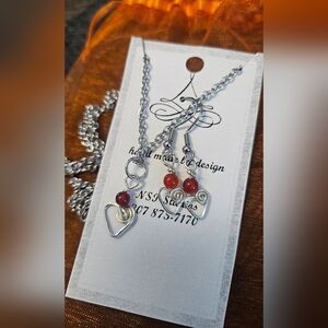 Handmade Silver Heart Necklace and Earring Set with Red and Orange Beads